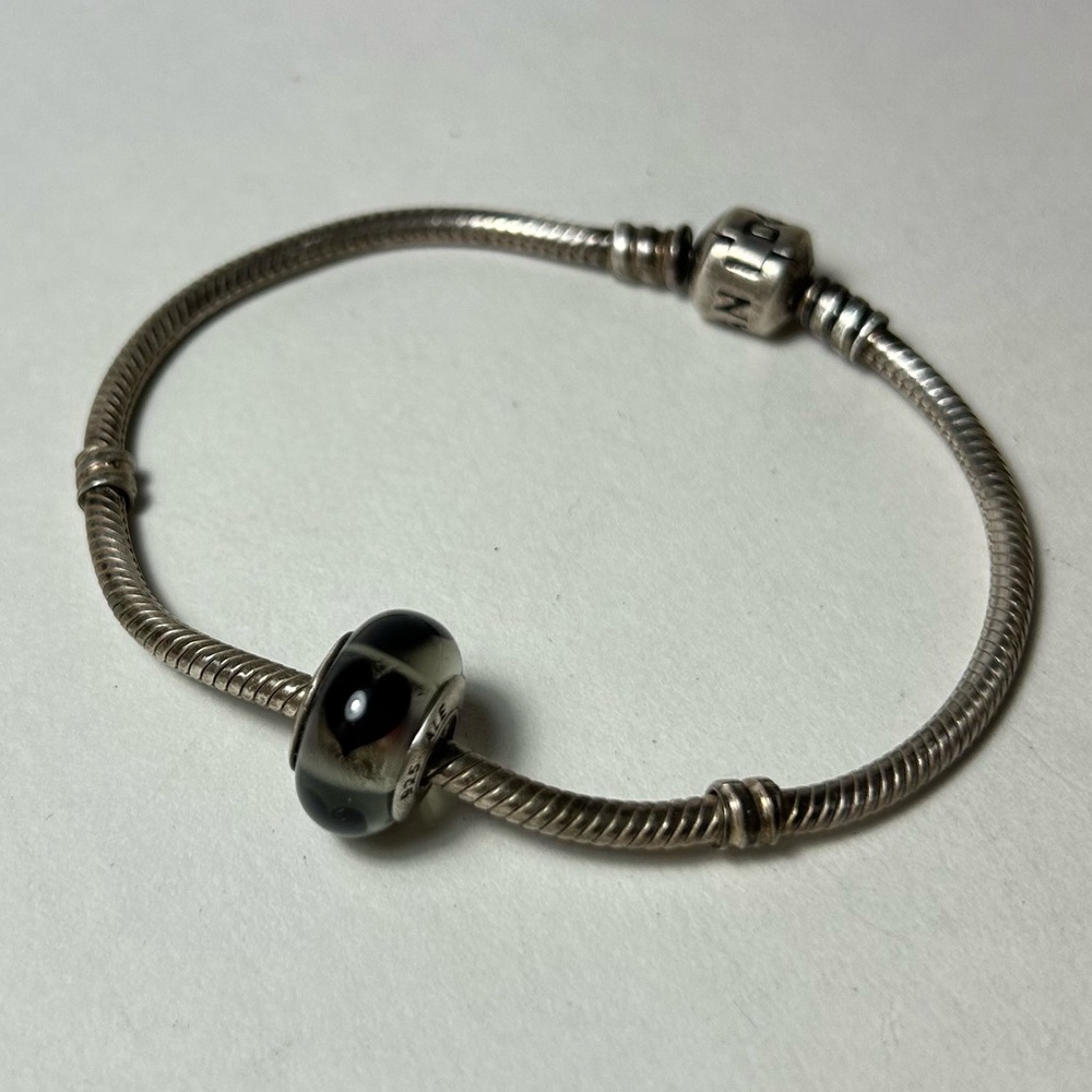 Pandora Sterling Silver Bracelet with Black Heart Glass Bead Charm